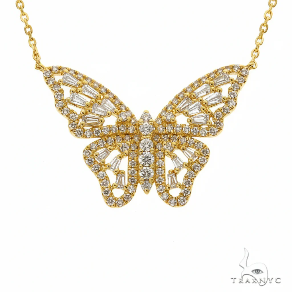 18K Gold Baguette Diamond Butterfly Necklace 68508