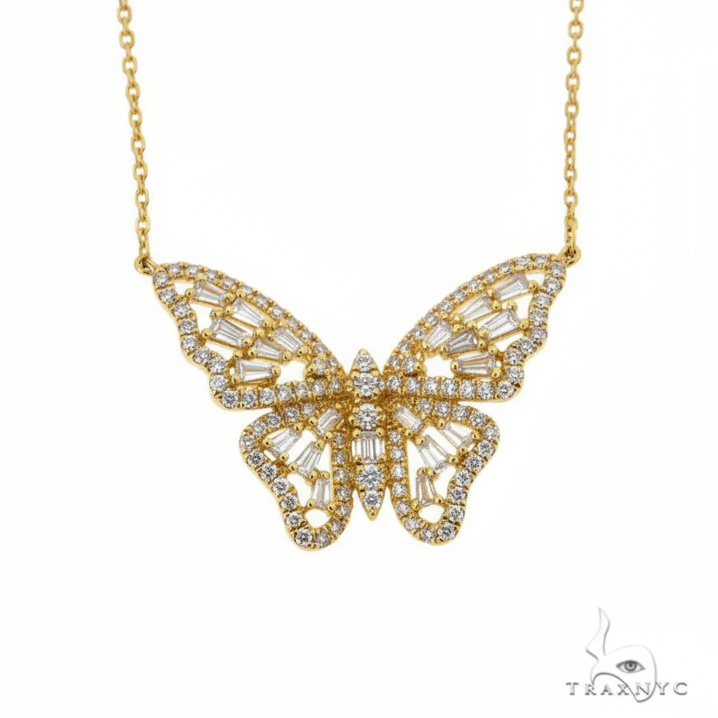 18K Gold Baguette Diamond Butterfly Necklace 68508