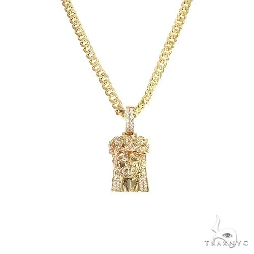 14k Gold Diamond Cuban Link Crown Jesus Pendant Set 66618