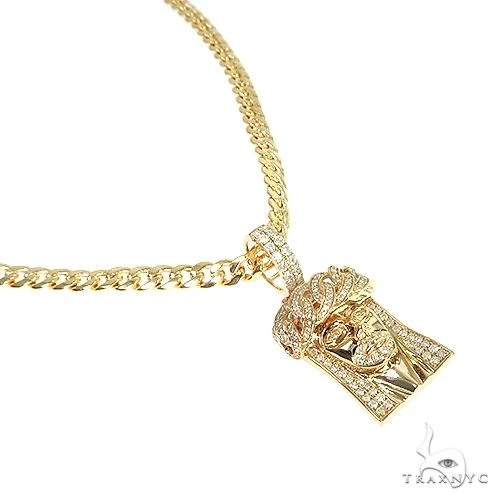 14k Gold Diamond Cuban Link Crown Jesus Pendant Set 66618