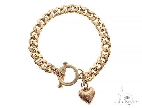 14K Yellow Gold Cuban Link Bracelet With Heart Charm And Toggle Clasp 65650