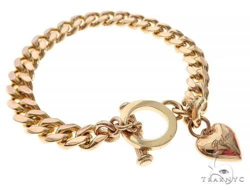 14K Yellow Gold Cuban Link Bracelet With Heart Charm And Toggle Clasp 65650