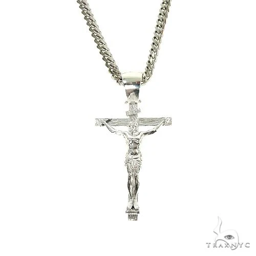 Silver Crucifix Jesus Cross Cuban Chain Set With Miami Cuban Chain 67201