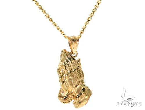 10K Yellow Gold Praying Hands Charm 24 Inches Cuban Link Chain Set 61819