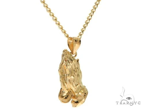 10K Yellow Gold Praying Hands Charm 24 Inches Cuban Link Chain Set 61819