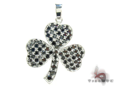 White Gold Round Cut Prong Black Diamond Clover Pendant 24855