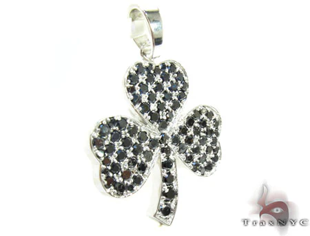 White Gold Round Cut Prong Black Diamond Clover Pendant 24855
