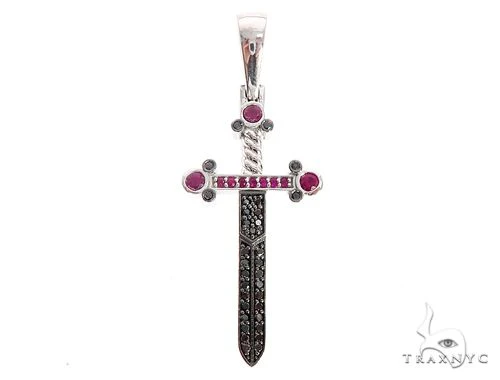 10k White Gold Black Diamond And Ruby Sword Pendant 65104