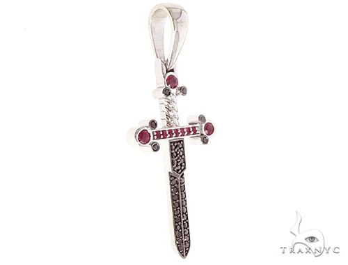 10k White Gold Black Diamond And Ruby Sword Pendant 65104