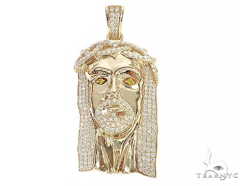 14K Yellow Gold Custom Made Jesus Diamond Pendant With Canary Eyes 65295
