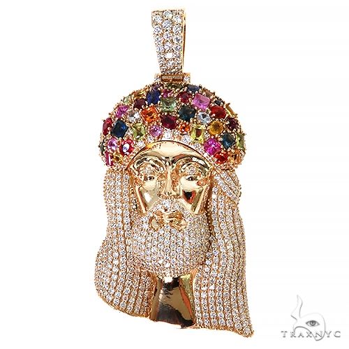 Multi Color Sapphire Crown Diamond Jesus Pendant 67396