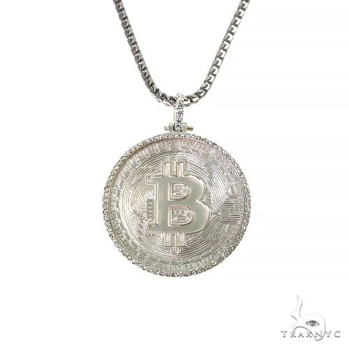 .925 Silver Diamond Bitcoin Pendant With Franco Chain Set 67421