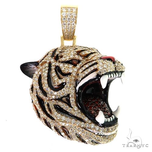 Enameled Tiger Head Diamond Pendant 68899