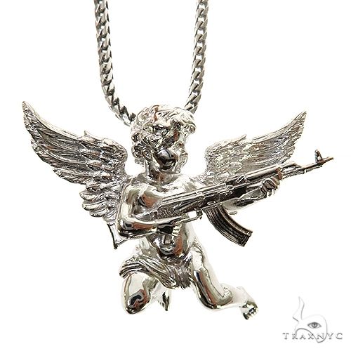 .925 Silver Baby Angel With Ak Gun Pendant Set 69799