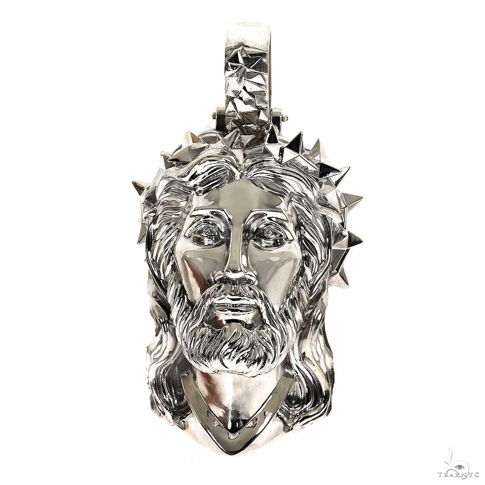 Silver Spikes Crown Jesus Head Pendant X-Large Size 70025