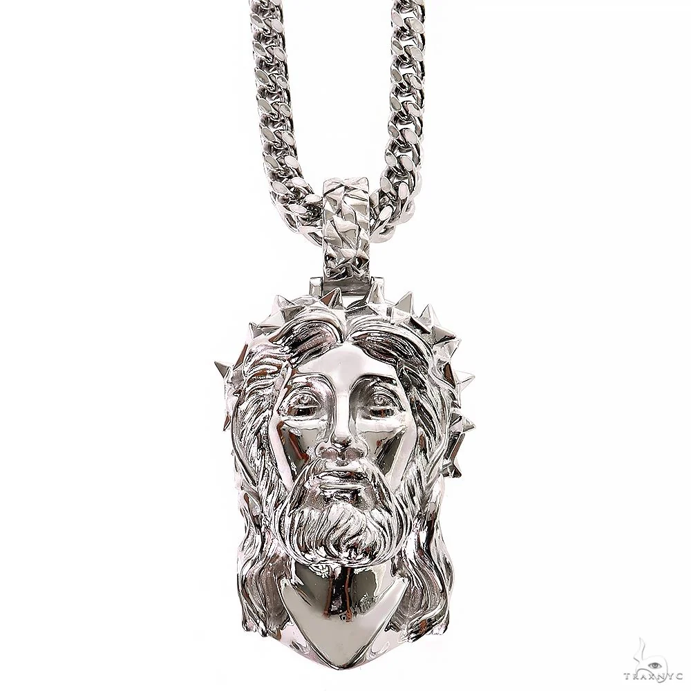 .925 Silver Spikes Crown Jesus Head Pendant Set 70033