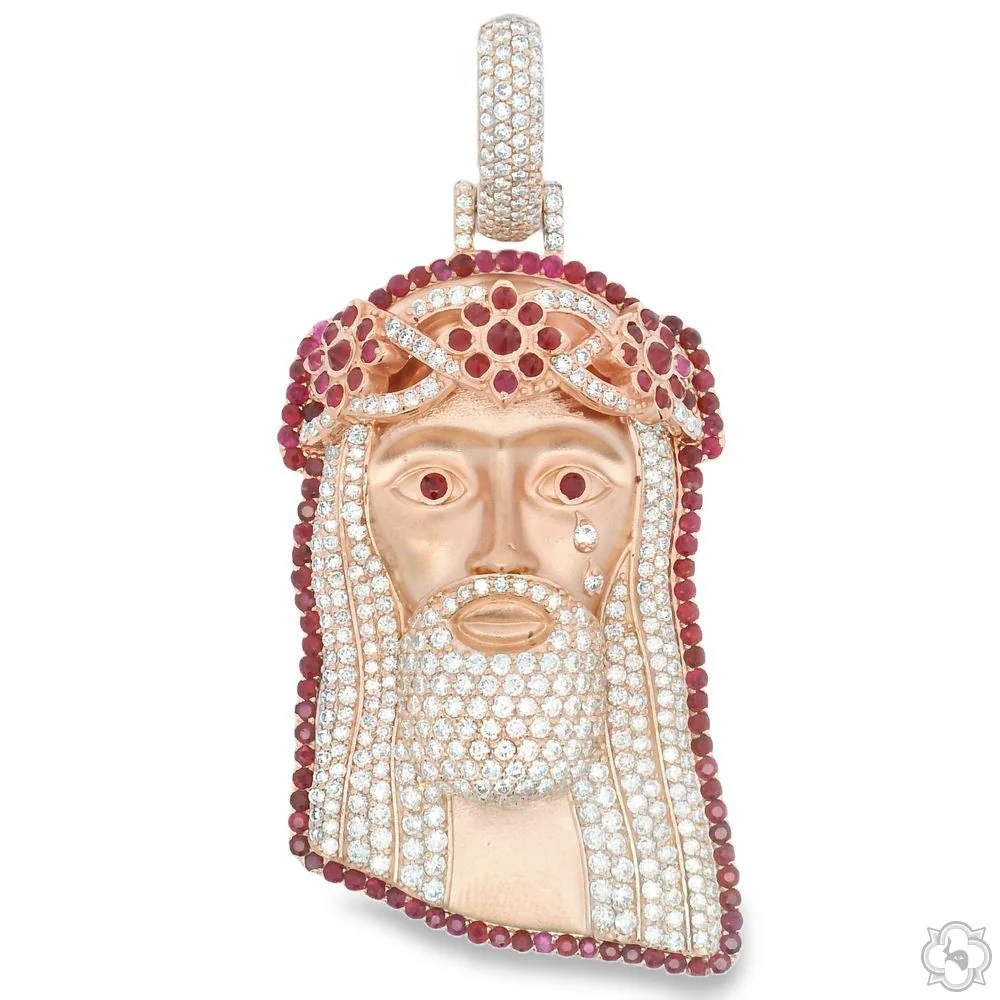 TraxNYC  Ruby and Diamond Crowned Jesus Pendant  -Medium 70174