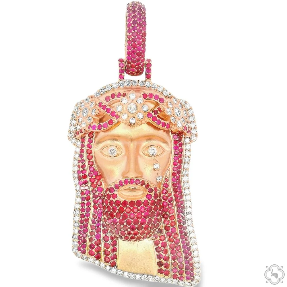 TraxNYC  Ruby and Diamond Crowned Jesus Pendant  -Medium 70175