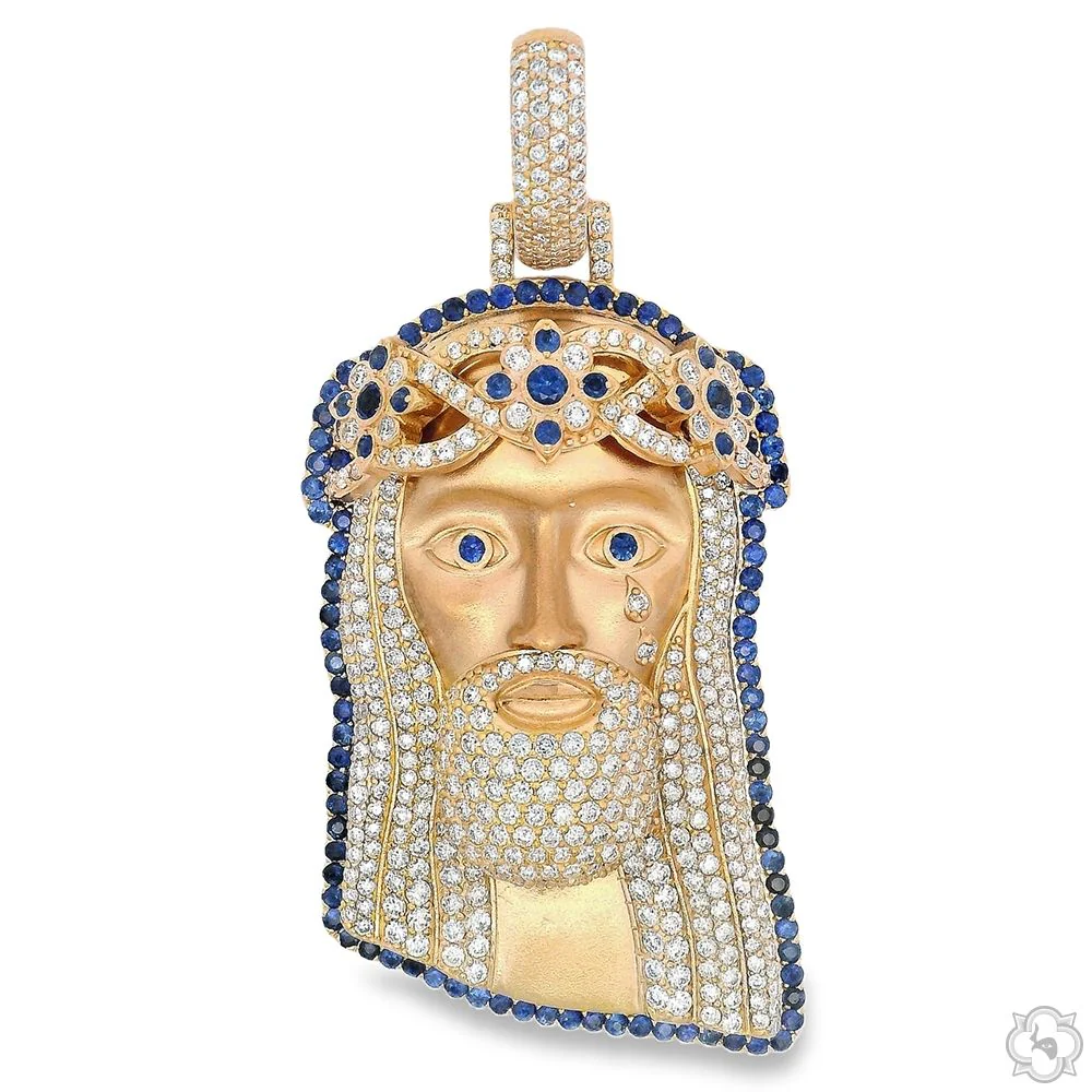 TraxNYC Sapphire and Diamond Crowned Jesus Pendant  -Medium 70176