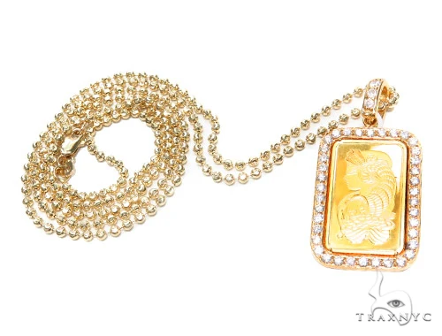 Prong Diamond 24k Gold Pendant Bar Moon Cut Chain 42206